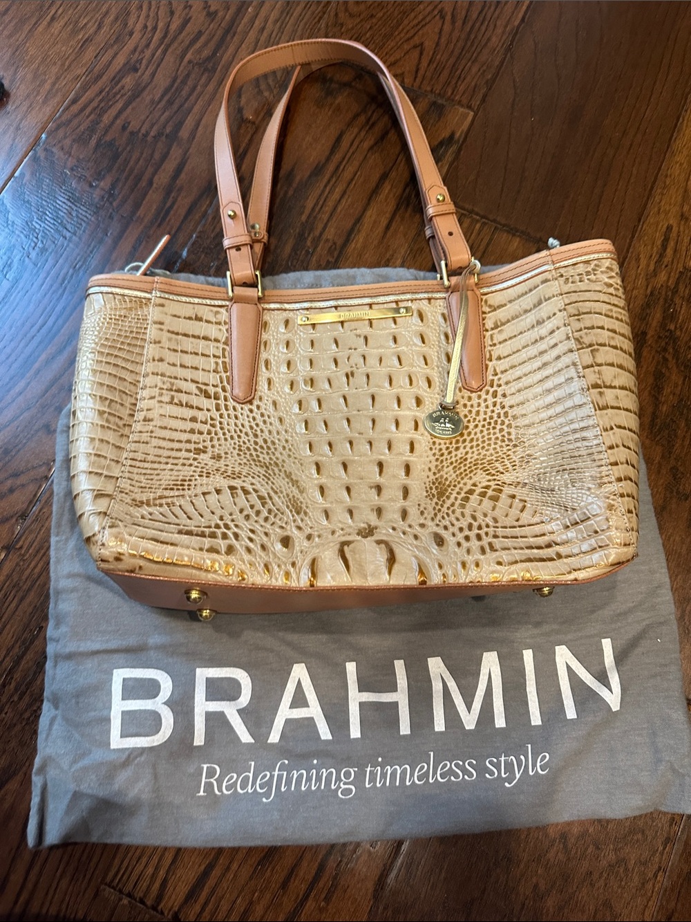 Brahmin Cream Croc-Embossed Leather Tote with Tan Trim